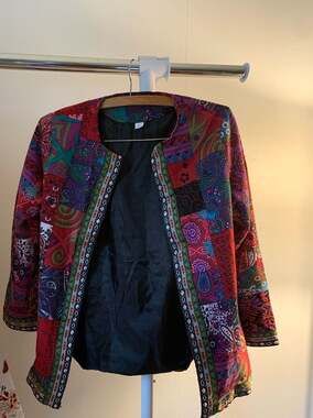 Womens  Large Red Geometric Pockets Open Blazer Cardigan. 100 percent cotton